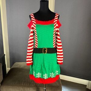 Women’s Spadehill Christmas Festive Elf Costume Sweater Dress Green Red Size S